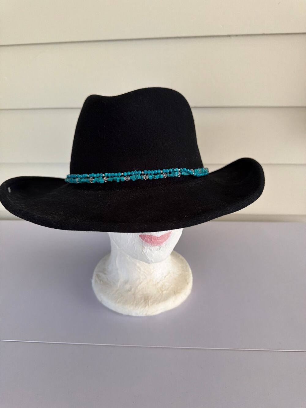 Y2K Black Wool Cowboy Hat Fedora Packable Turquoise Beads Boho Festival Western